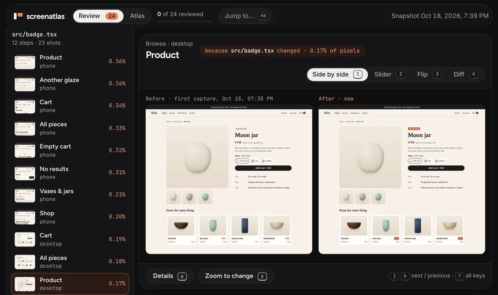 The Screenatlas review screen: the product page before and after the badge edit, next to every changed shot, biggest change first.